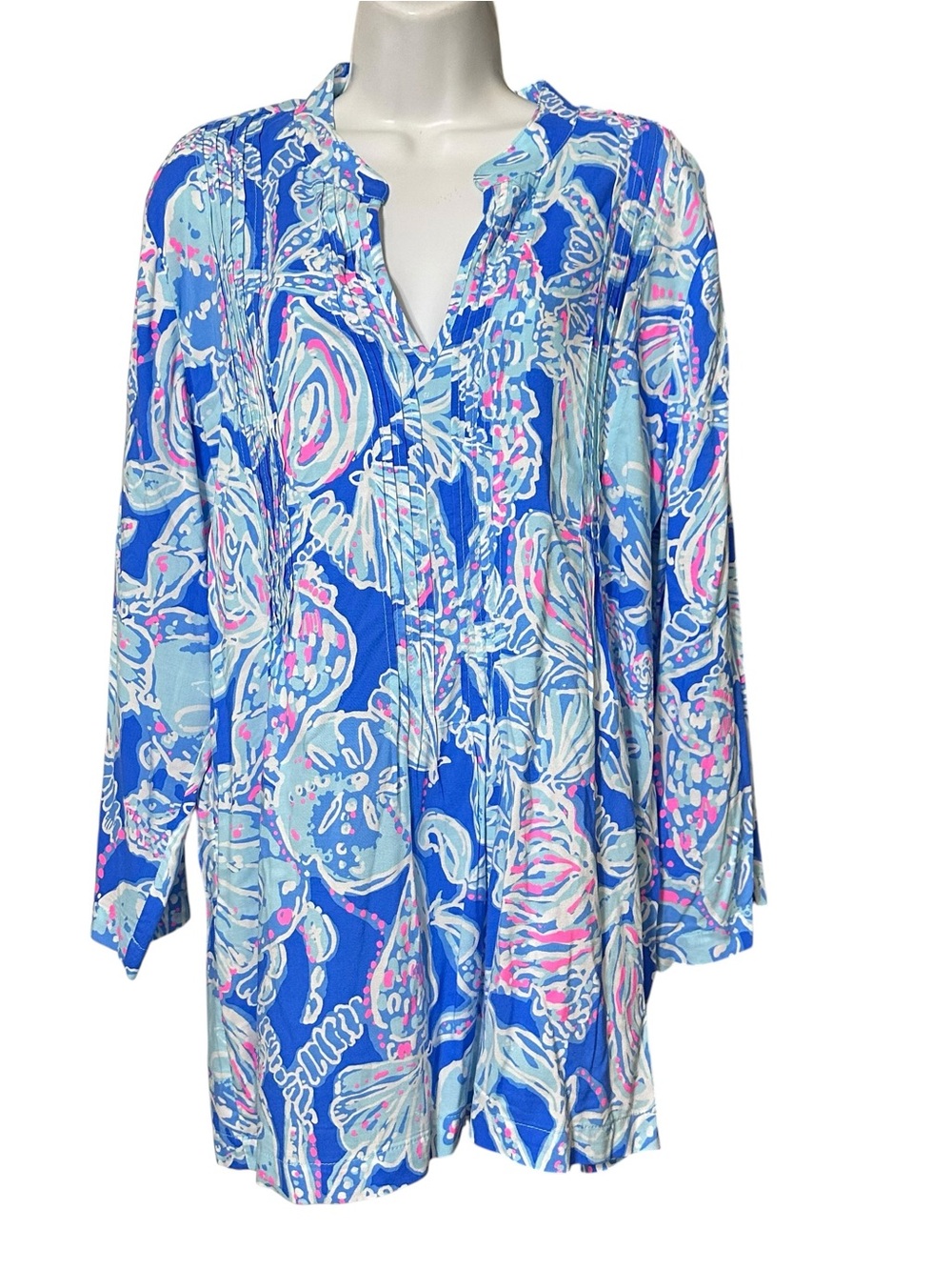 Lilly Pulitzer Sarasota Tunic Top Bay Blue Into the Deep Seashell Print Sz.XL